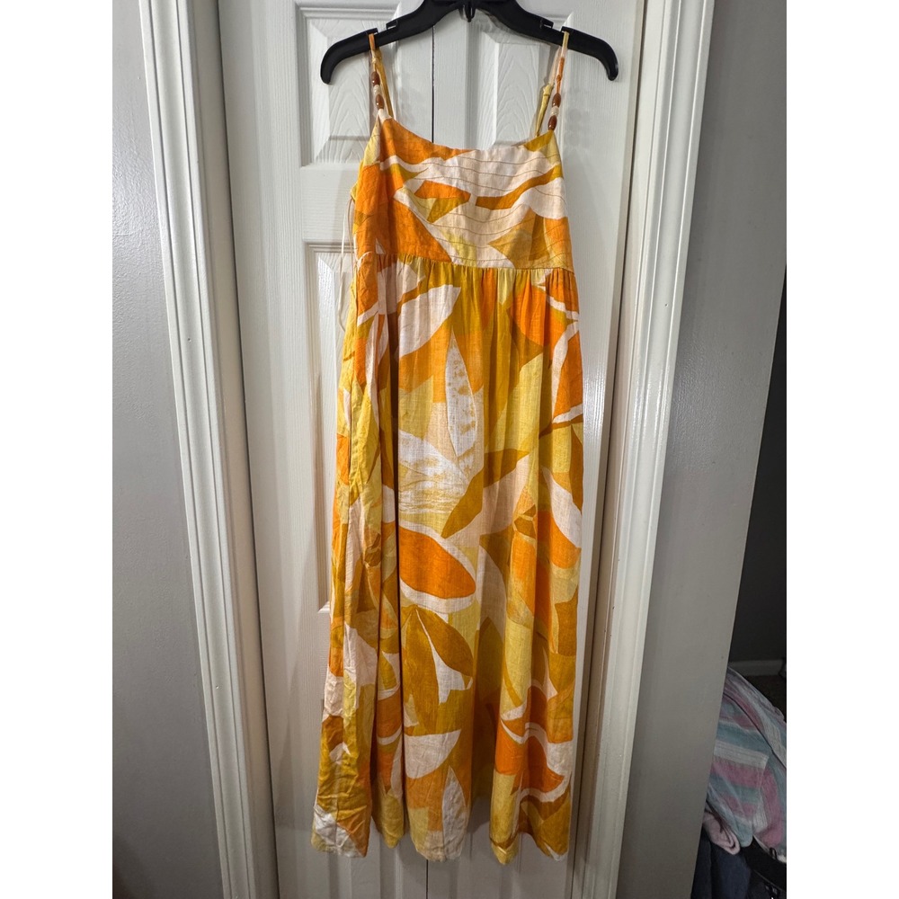 1.STATE Orange Yellow Tropical Leaf Print Beaded Strap Maxi Dress Small